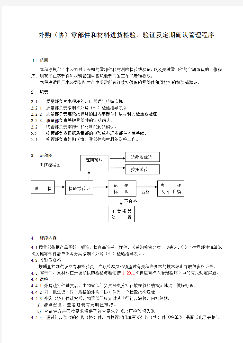 外购(协)零部件和材料进货检验、验证及定期确认管理程序