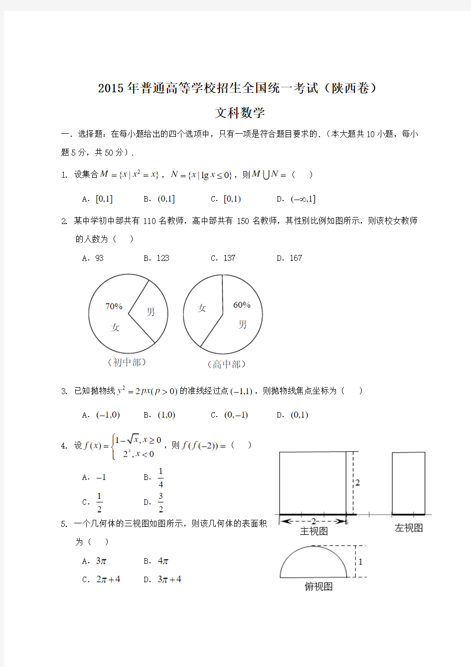 2015年陕西卷数学试题及答案(文)