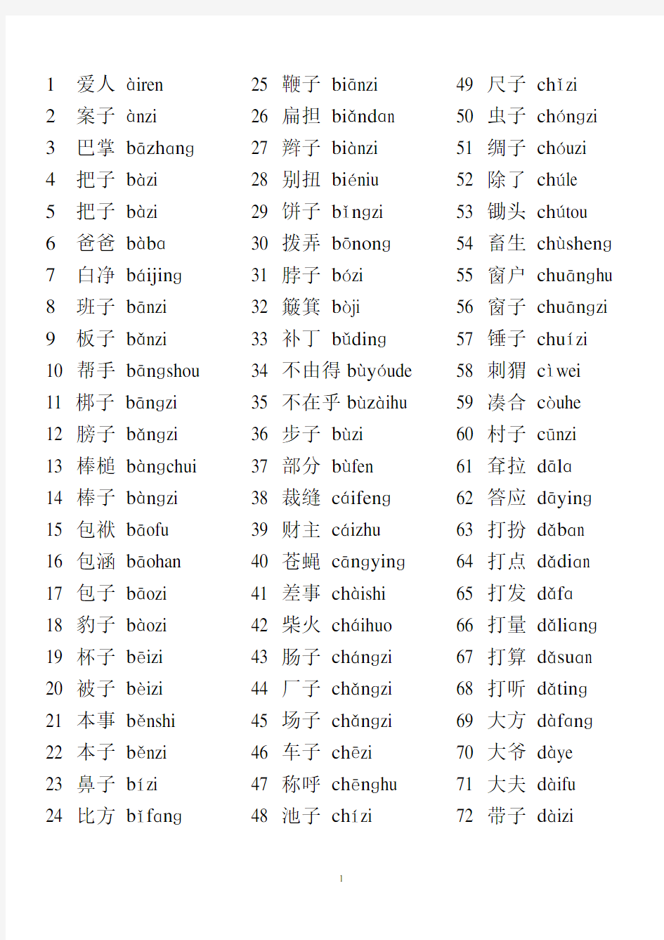 普通话水平测试轻读音词语表