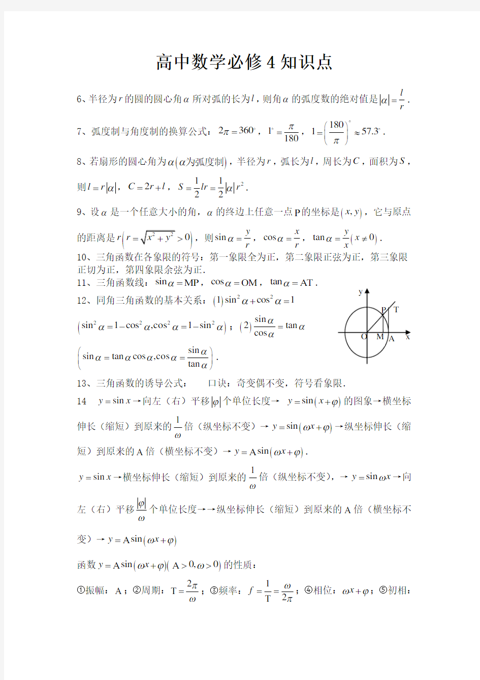 高中数学人教版必修4知识点总结