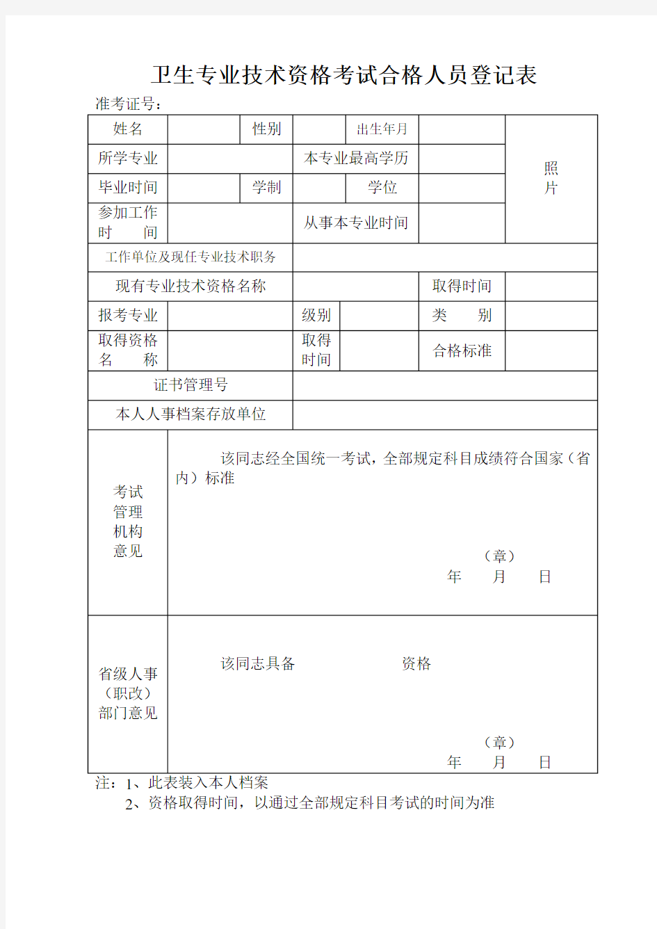 卫生专业技术资格考试合格人员登记表