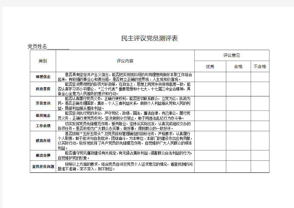 民主测评表__民主评议党员互评表