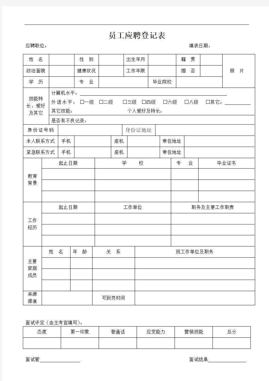 应聘人员登记表标准范文模板