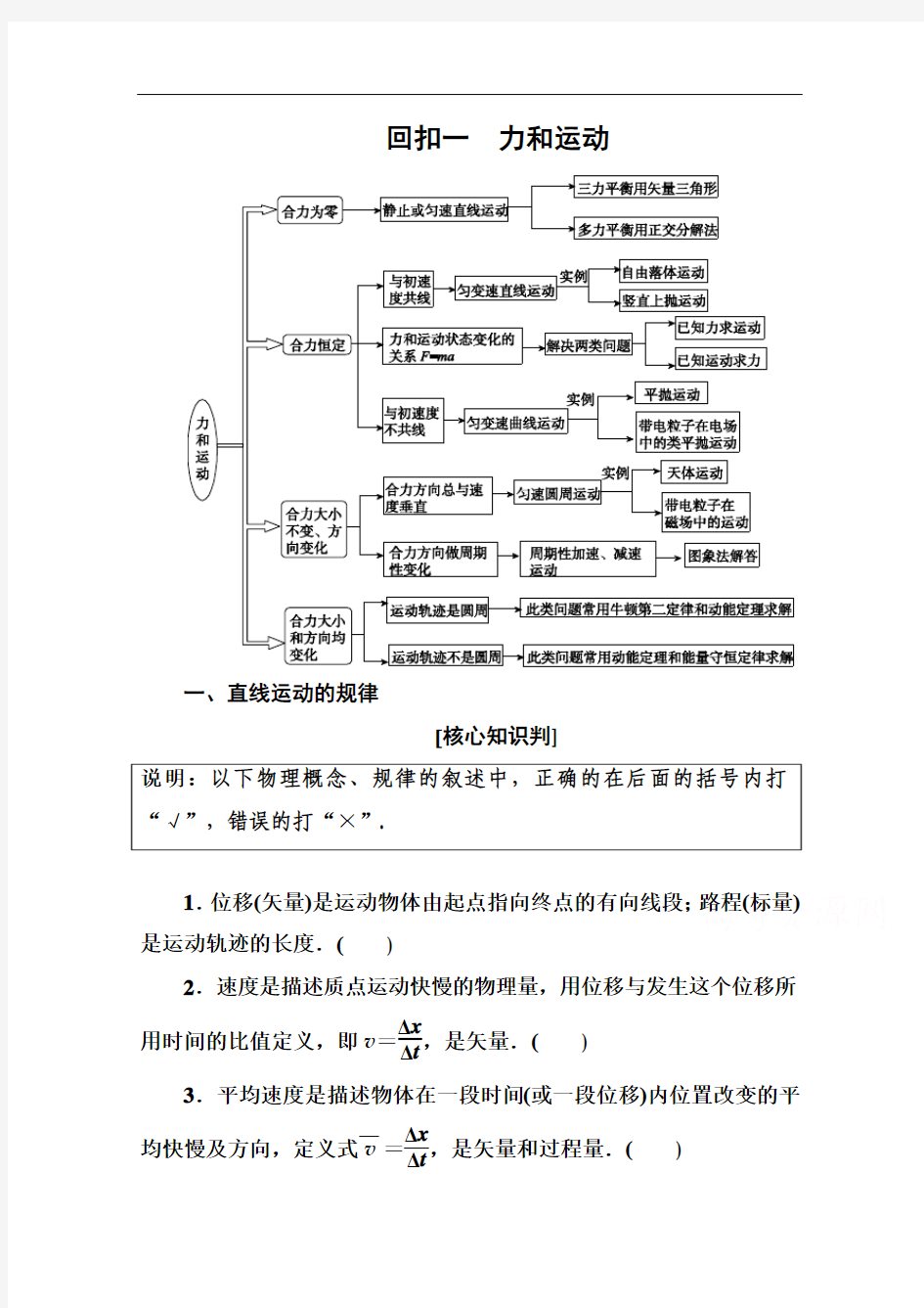 高考物理二轮复习考前知识回扣：力和运动(含答案)