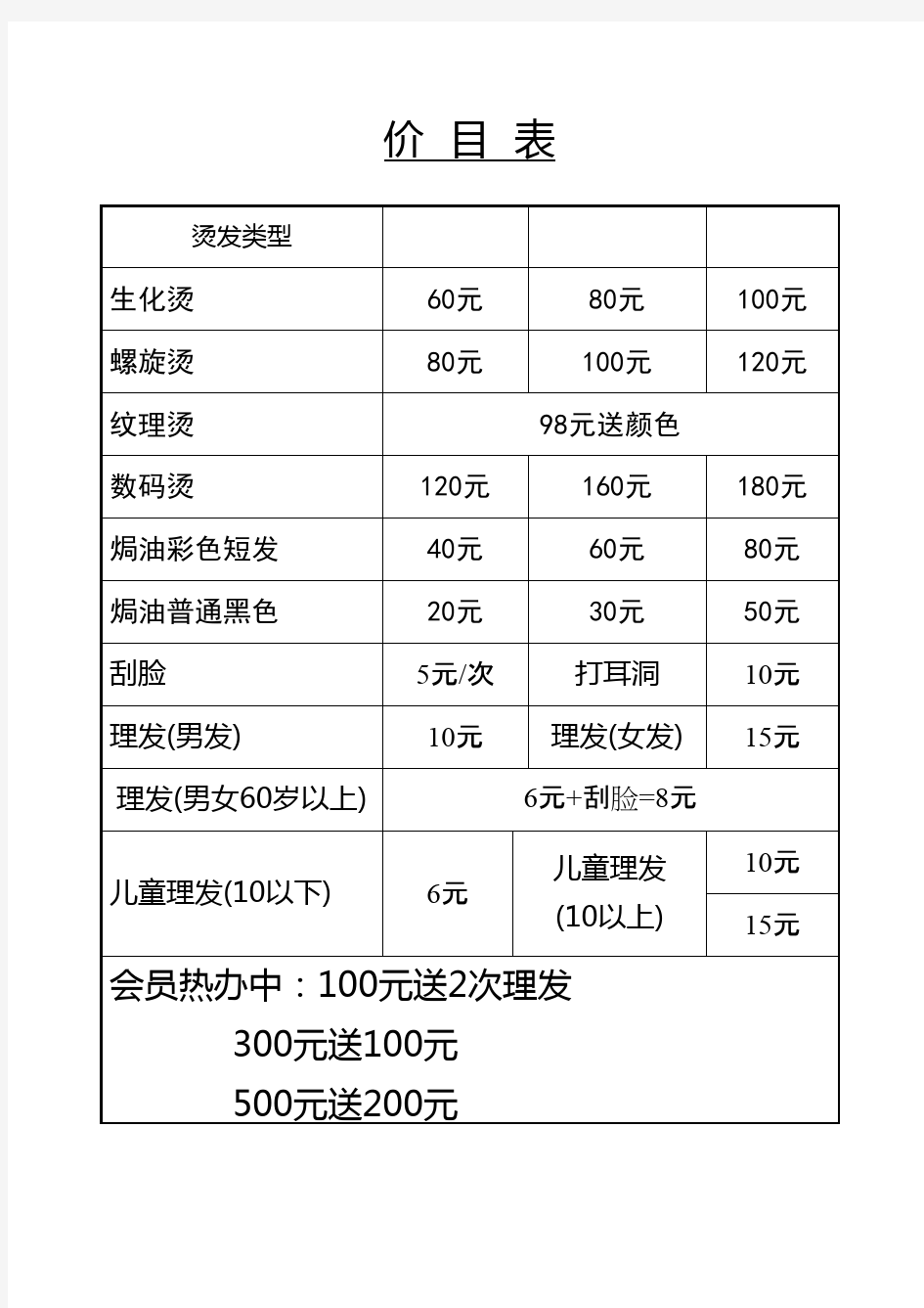 价目表(理发店)