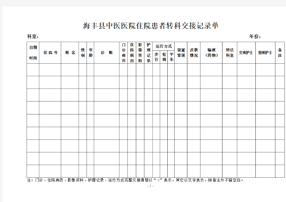 转科患者交接记录单