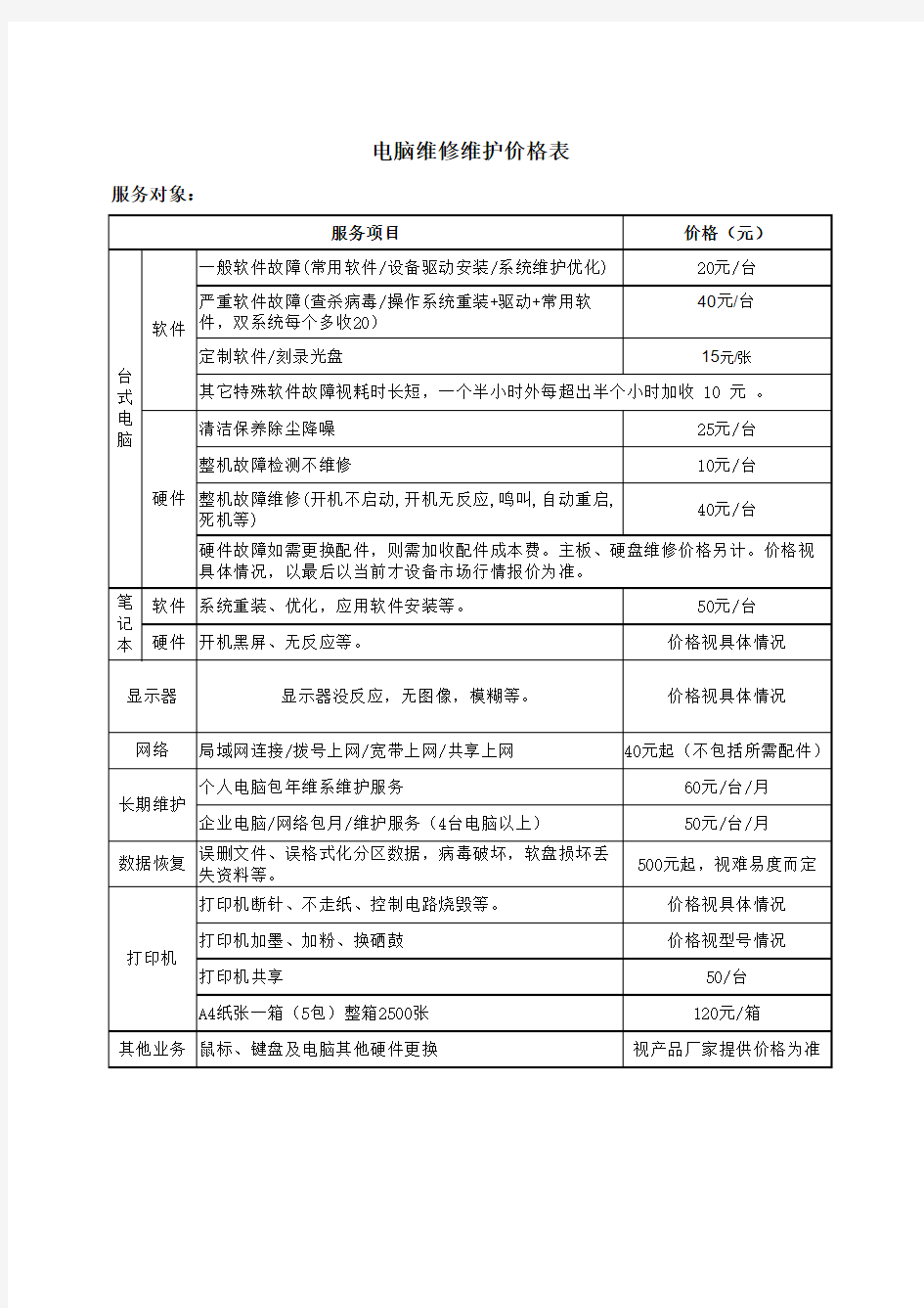 电脑维护维系明细报价