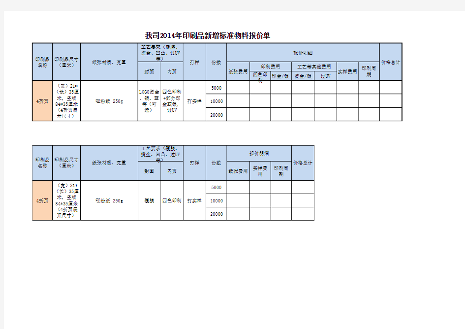 印刷品标准化报价单