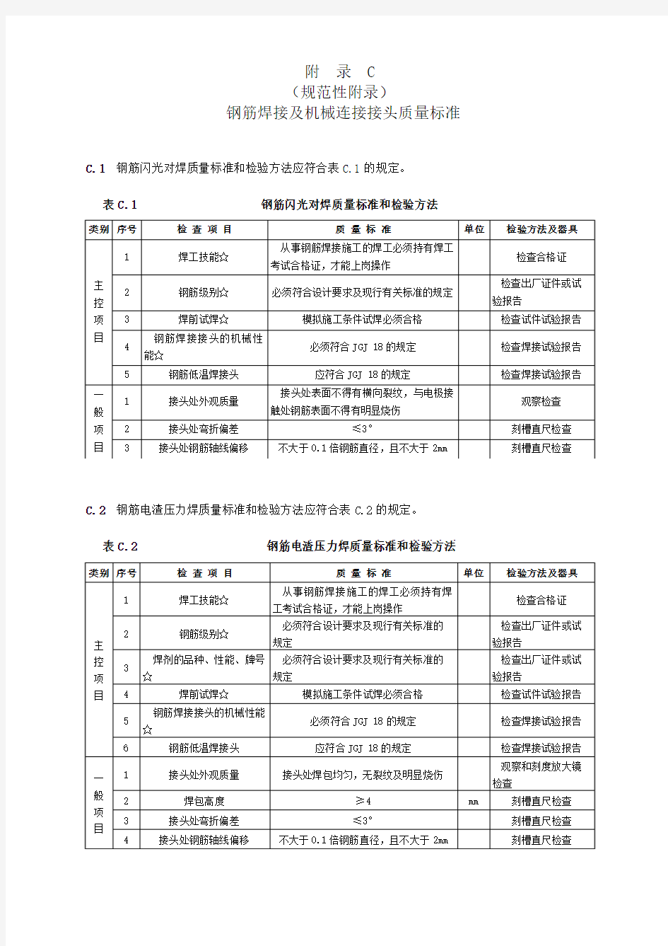 附 录 C (规范性附录) 钢筋焊接及机械连接接头质量标准