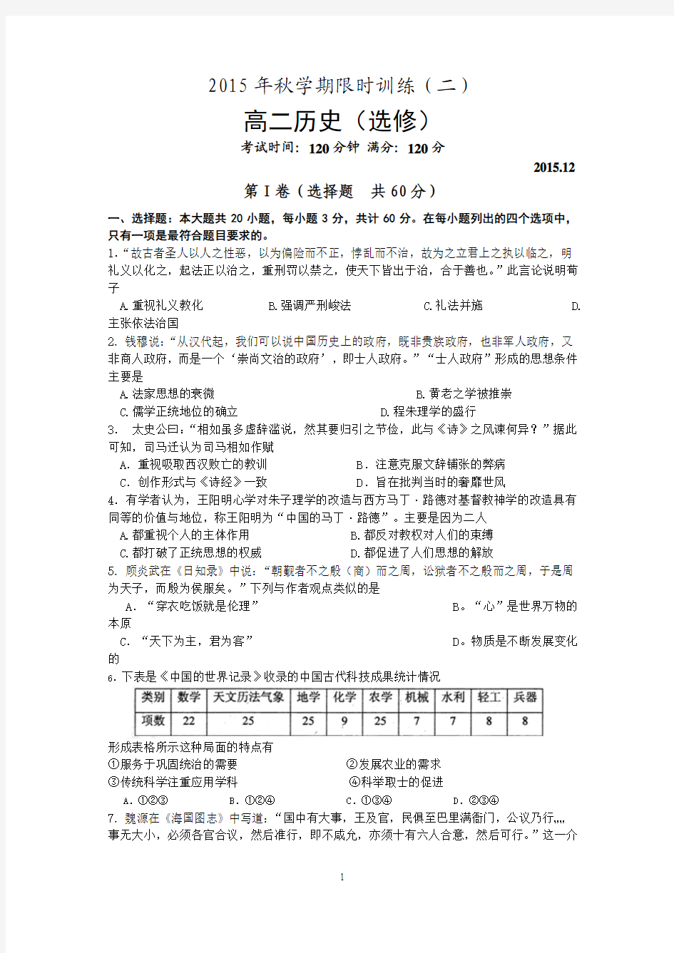 2015-2016学年高二上学期限时训练(二)历史试题