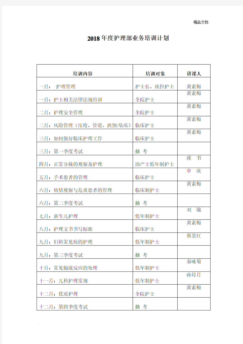 护理业务培训计划