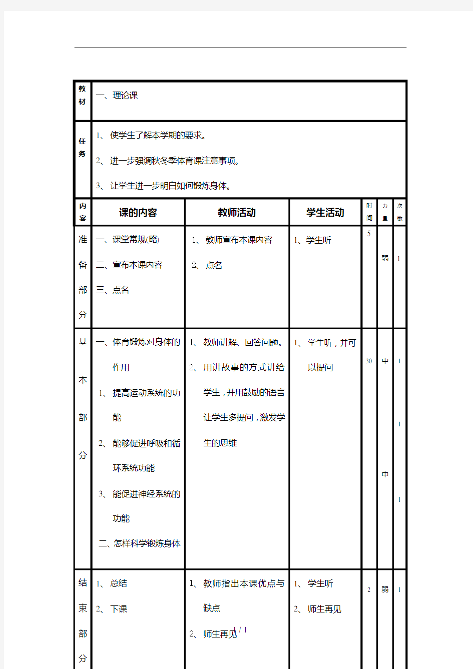 最新人教版六年级上册体育全册教案