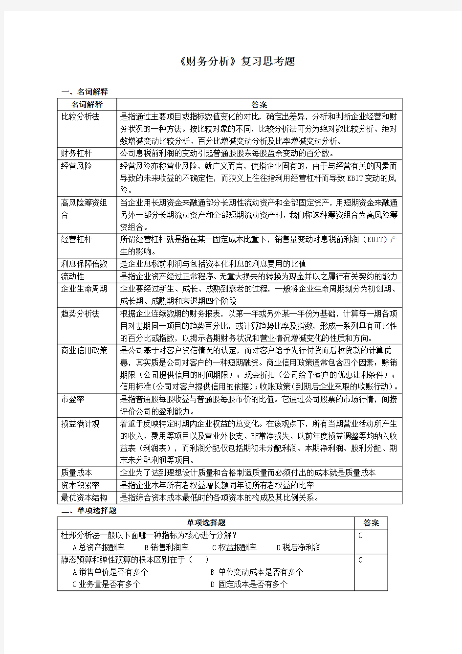 财务分析复习思考题