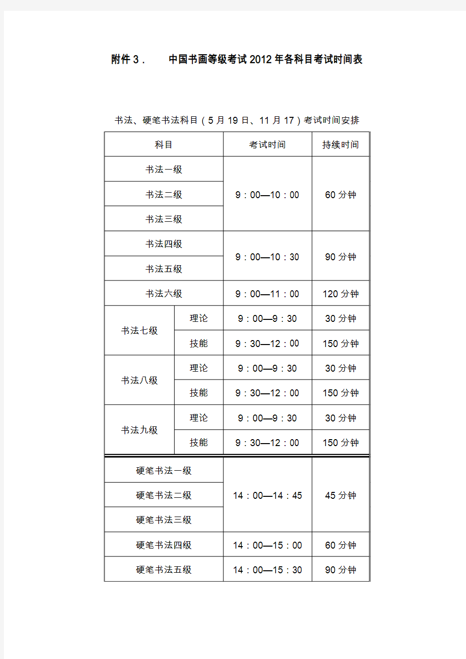中国书画等级考试各科目考试时间表