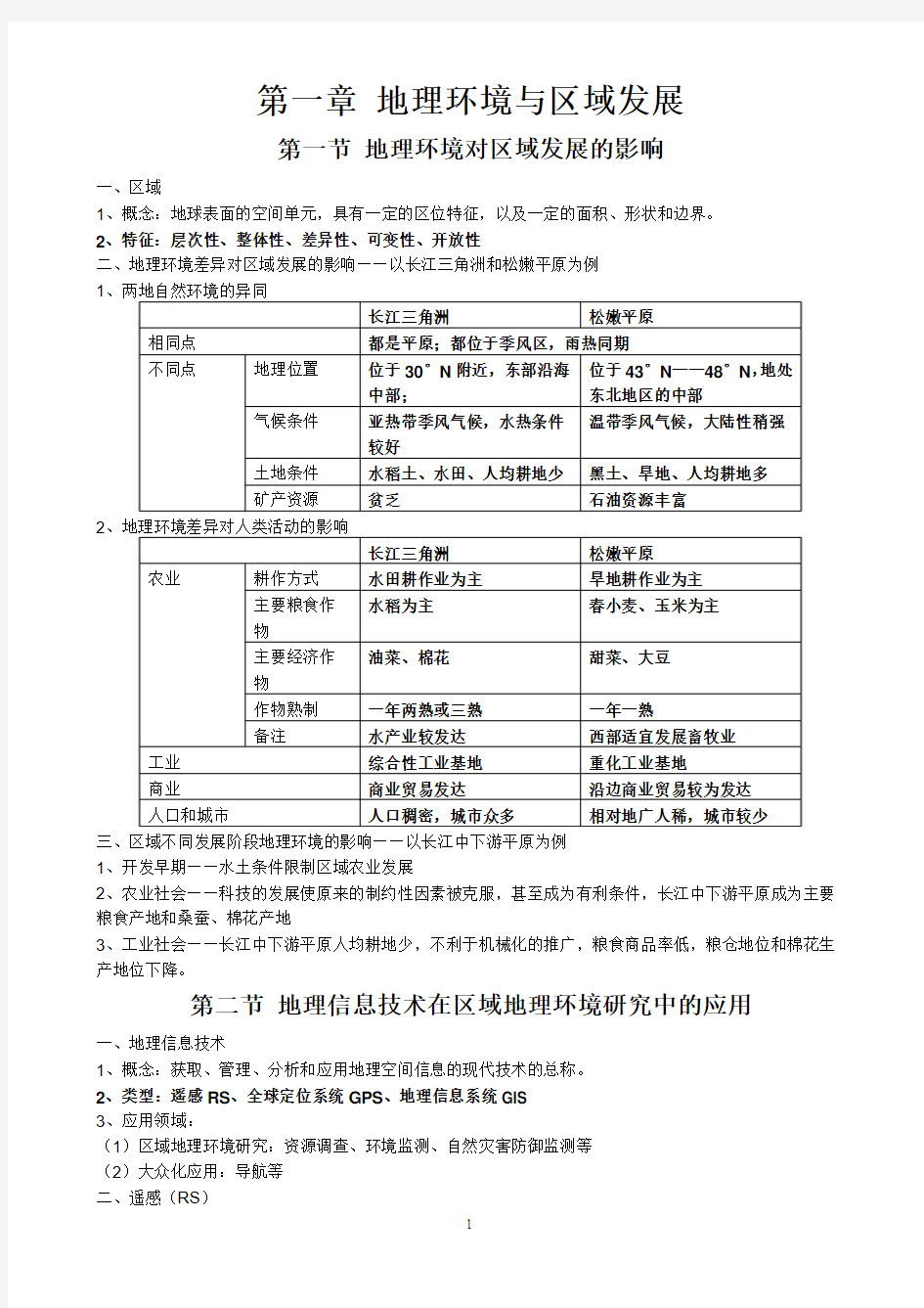 江苏学业水平测试地理必修三知识点概要