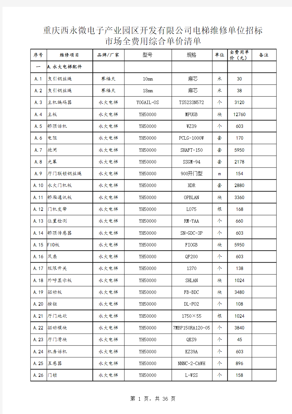 电梯配件价格表