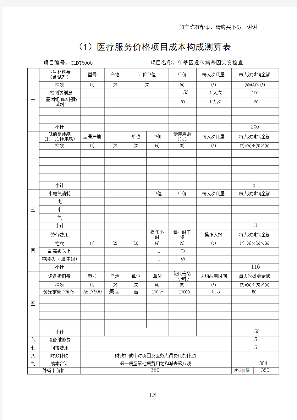 医疗服务价格项目成本构成测算表