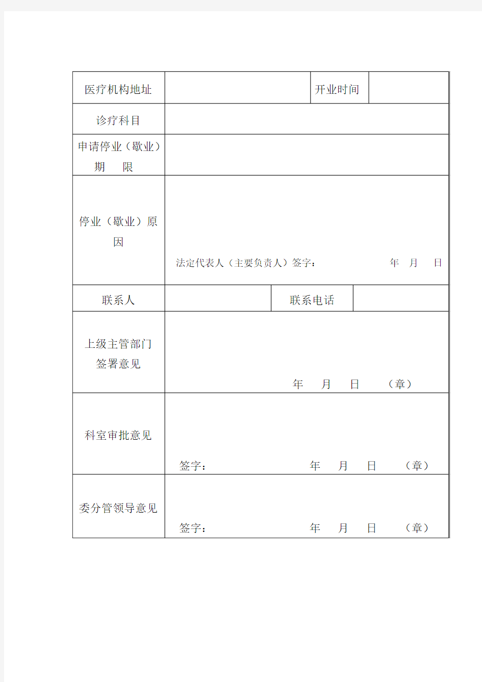 医疗机构停业(歇业)申请书