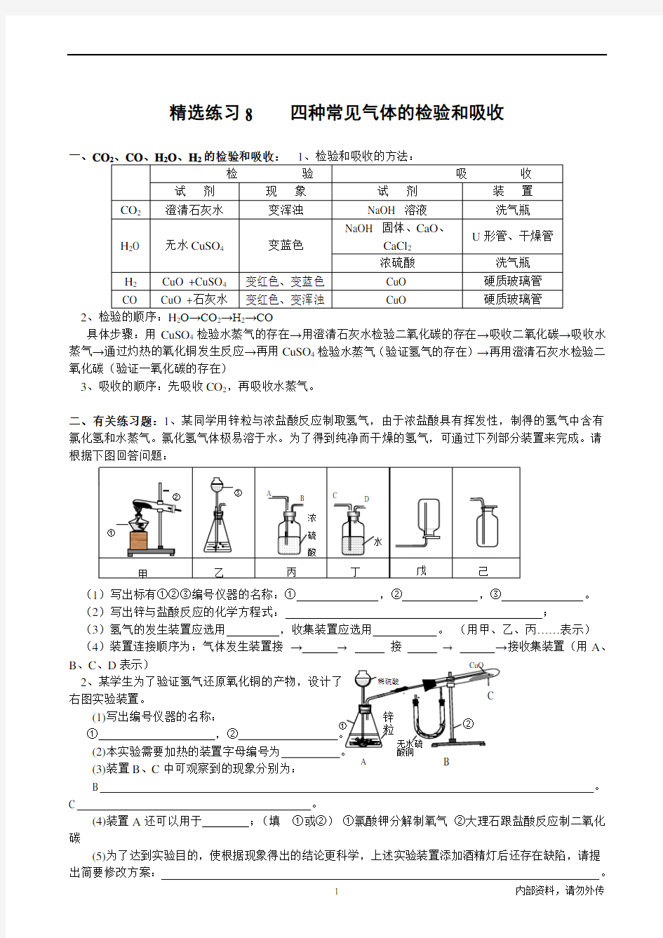 初三化学四种常见气体的检验和吸收