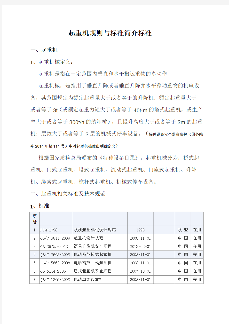 起重机规则与标准简介标准