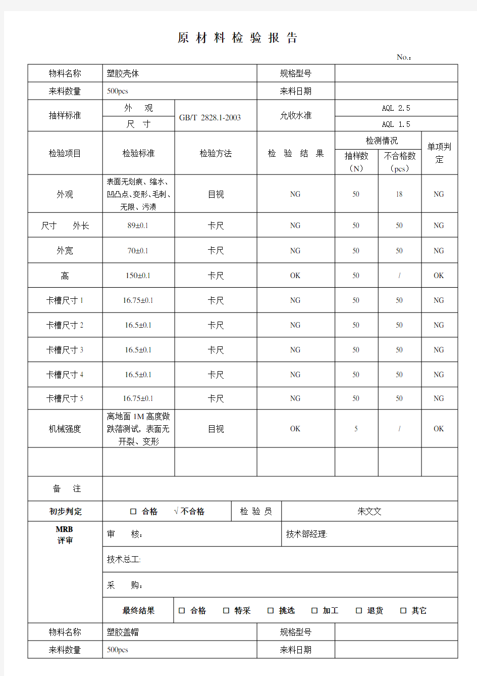 (完整版)来料检验报告表格