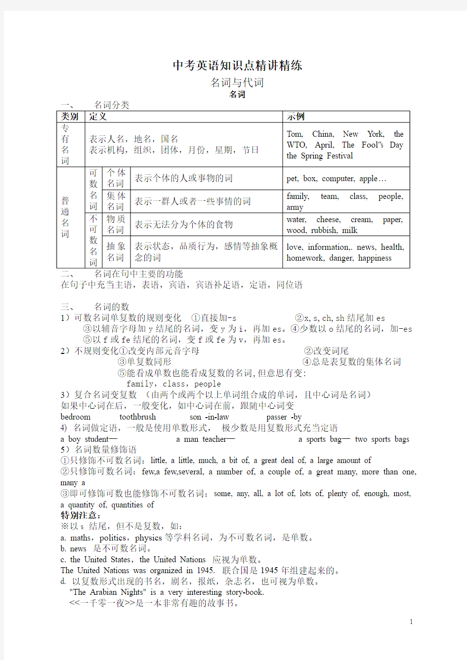 中考英语知识点精讲精练 名词与代词