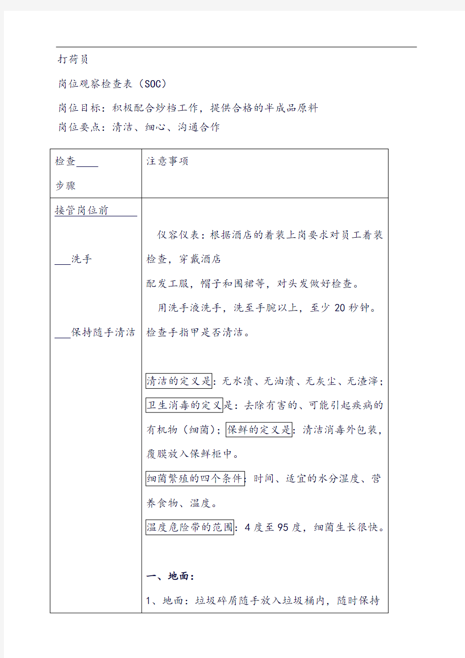 【厨房岗位检查表】 打荷岗位观察检查表SOC