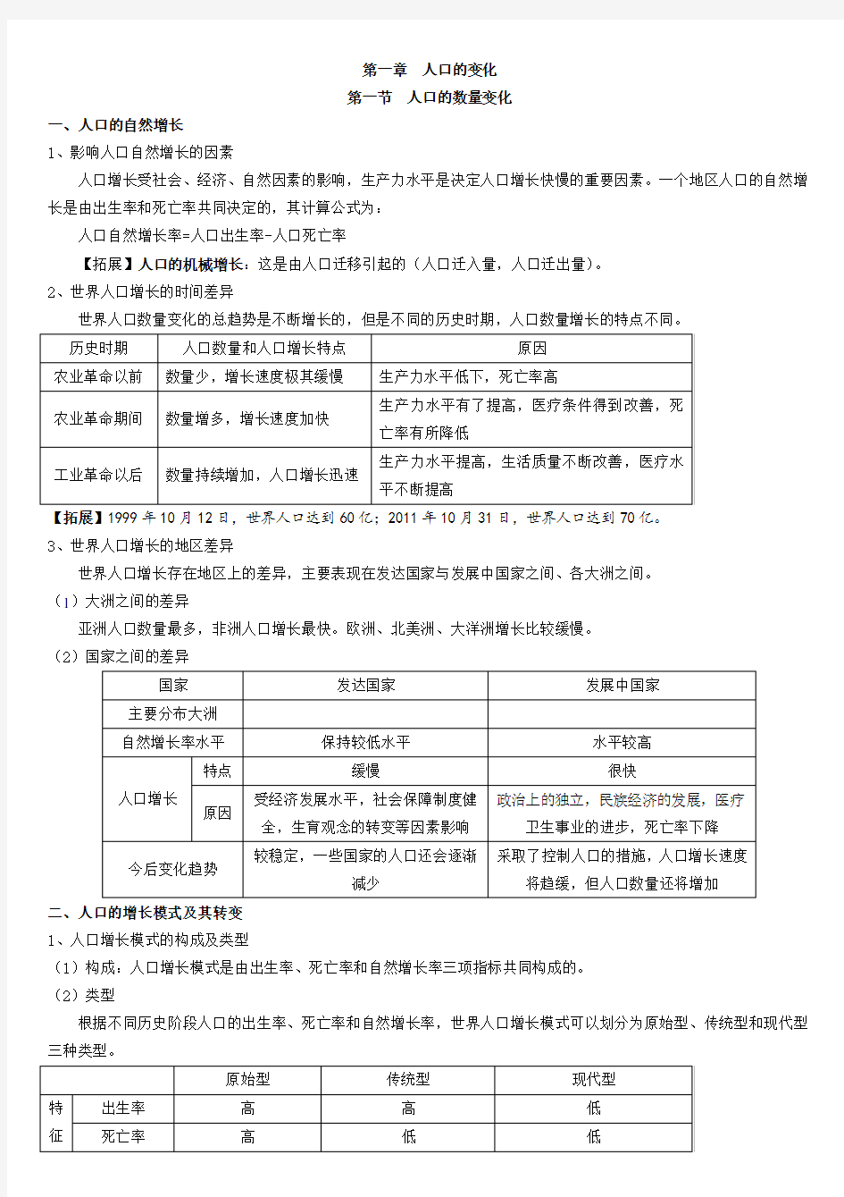 第一章__人口的变化知识点总结