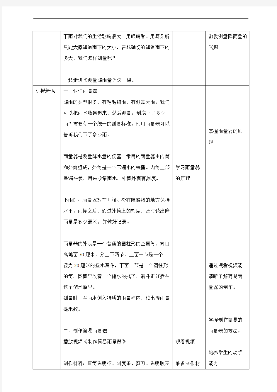 最新教科版三年级科学上册《测量降水量教学设计