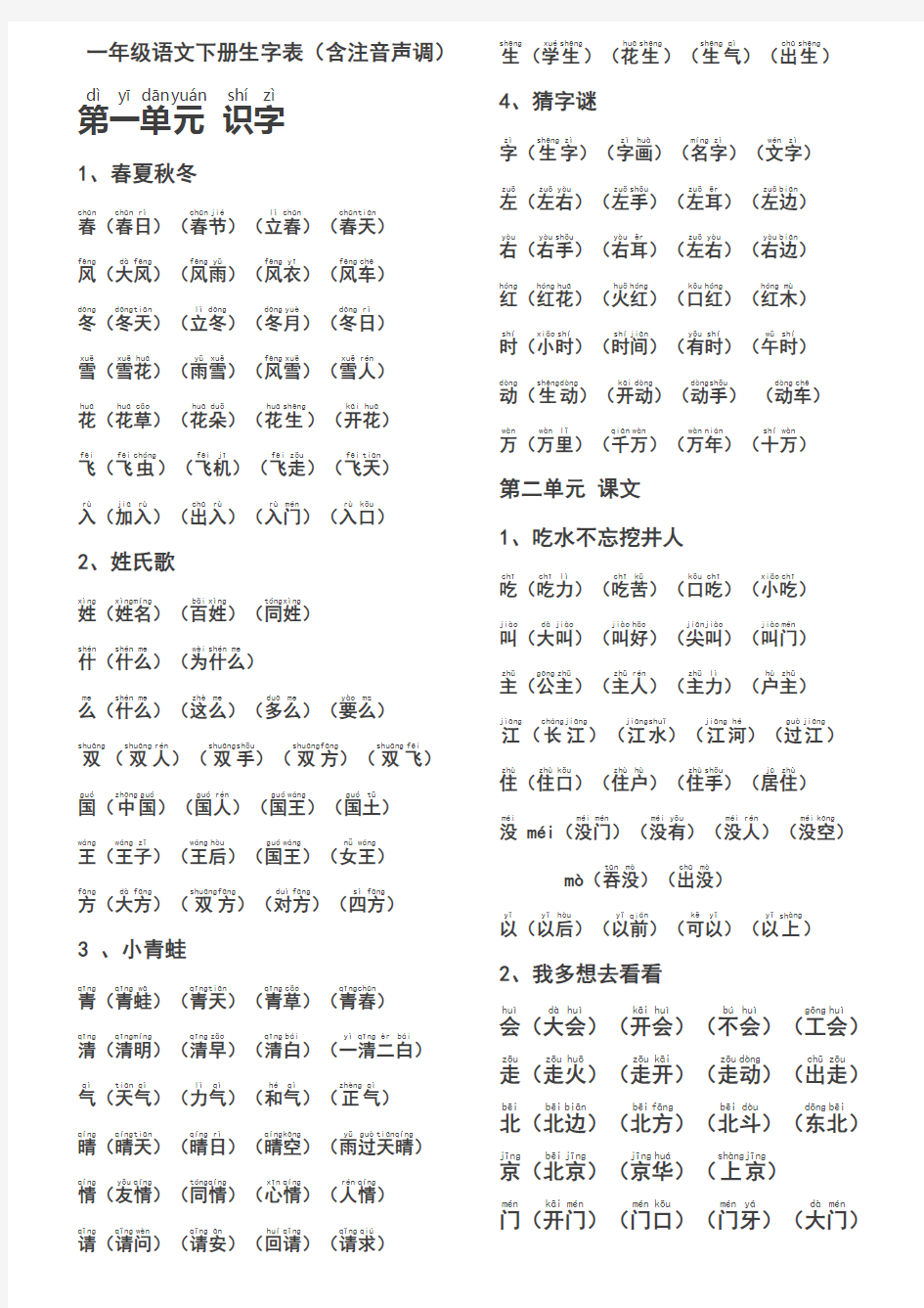 一年级下册生字表含注音声调全