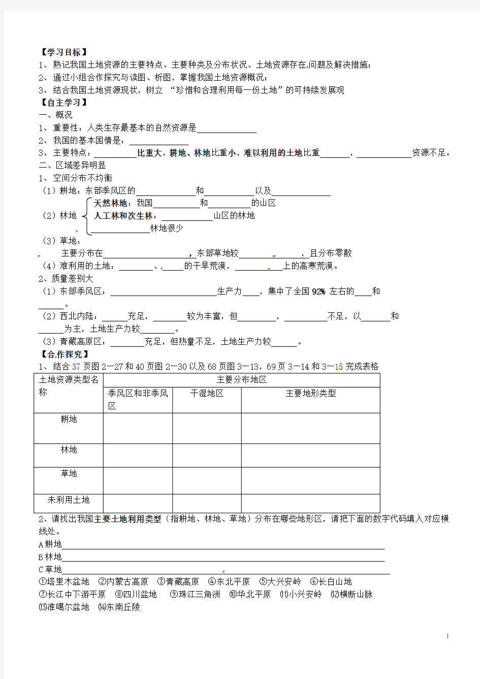 重庆市开县德阳初级中学八年级地理上册《3.2 中国的土地资源》导学案(无答案) 新人教版
