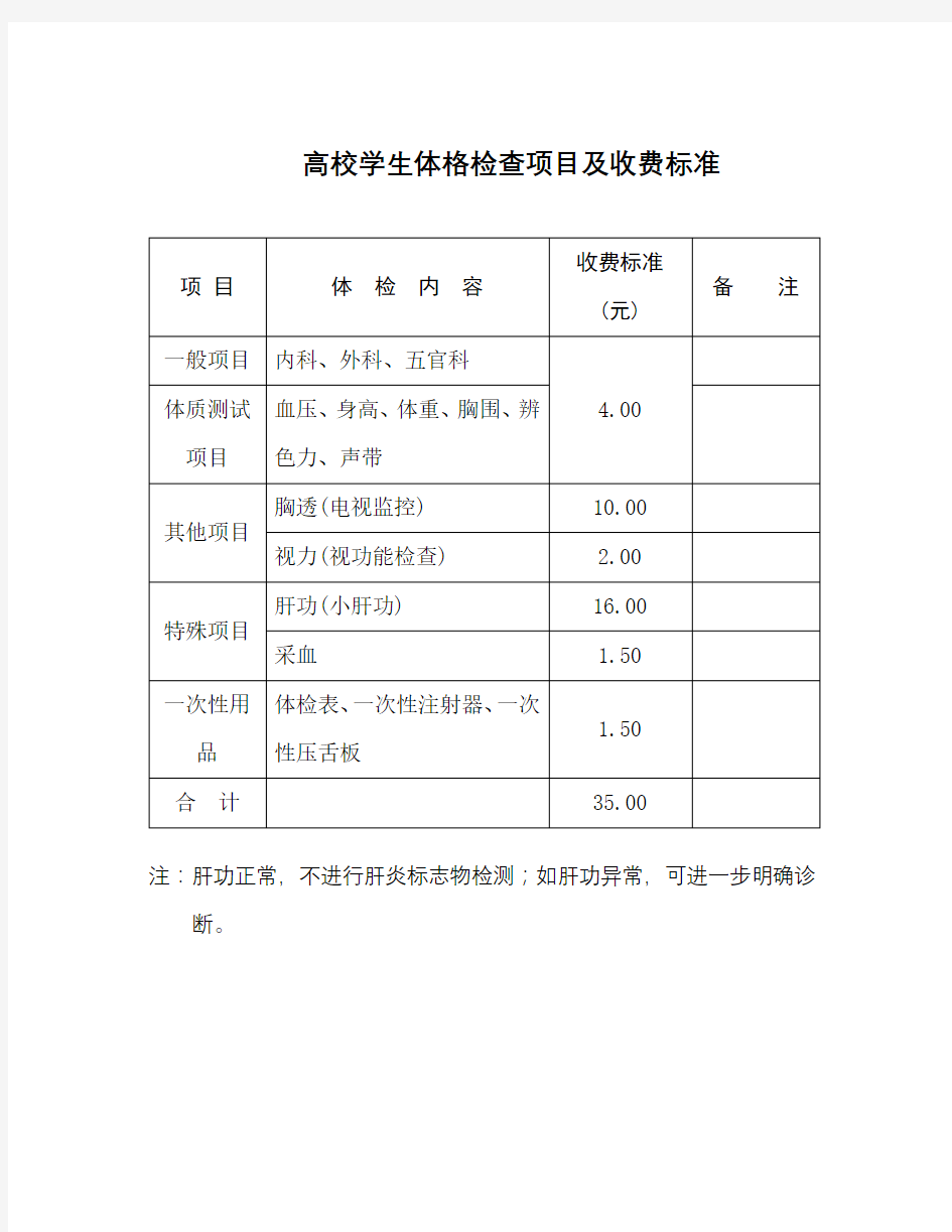 高校学生体格检查项目及收费标准【模板】