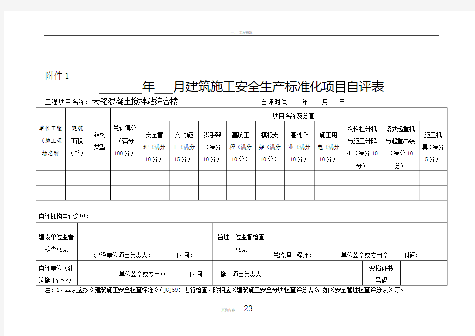 施工安全生产标准化项目自评表