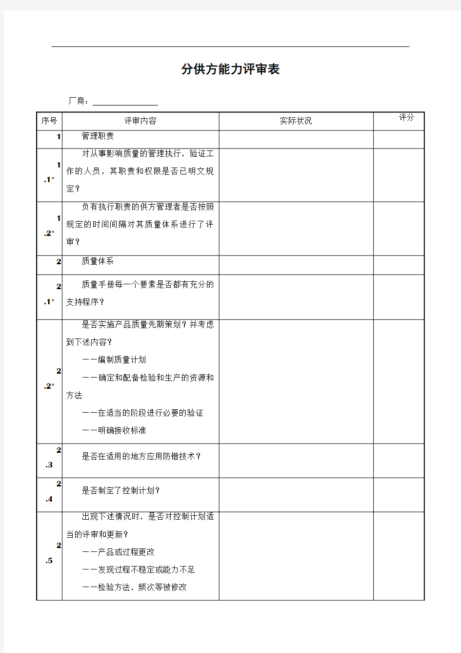 分供方质量能力评审表