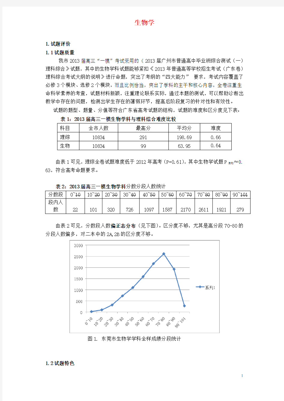 广东省东莞市高三生物 一模考试质量分析报告