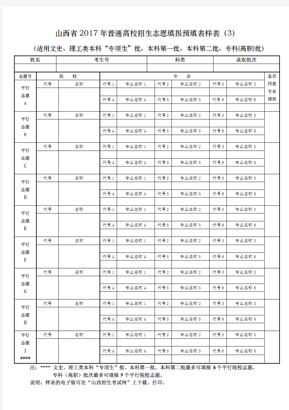 山西省2017年普通高校招生志愿填报预填表样表