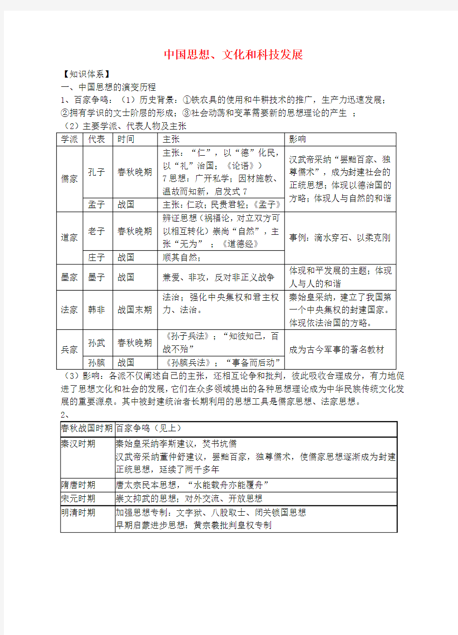 秋中考历史与社会专题复习三 中国思想、文化和科技发展