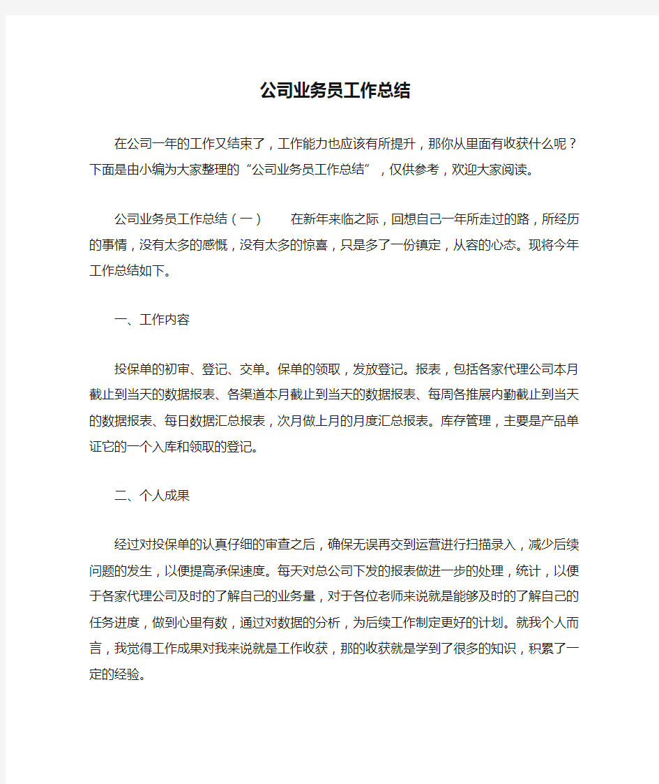 公司业务员工作总结