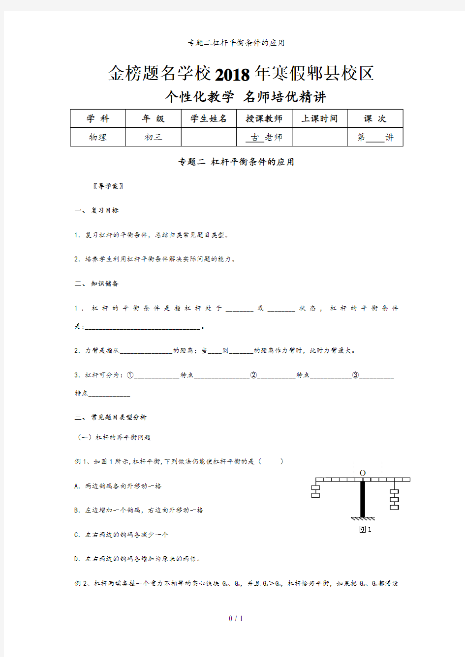 专题二杠杆平衡条件的应用