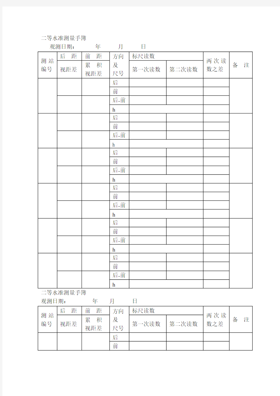 二等水准测量-记录表+平差表