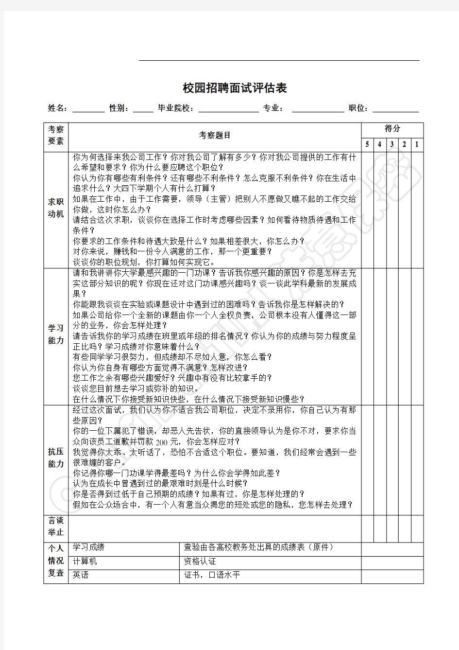 面试评估表及评分标准