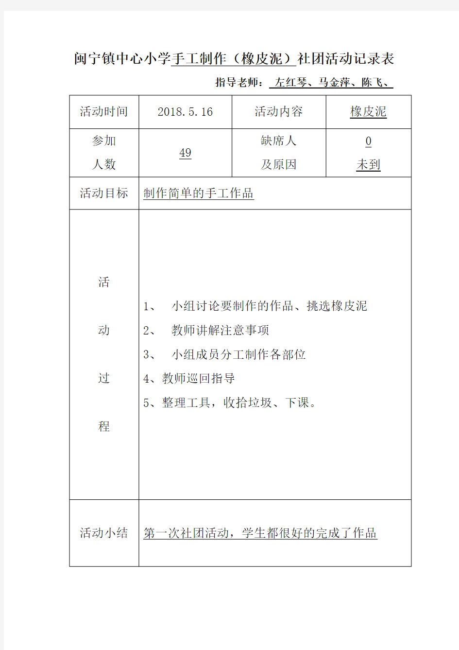 手工制作(橡皮泥)社团活动记录表