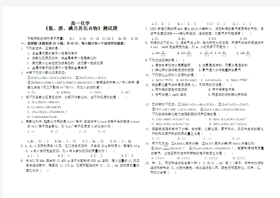 高一化学卤族元素单元测验试卷及答案