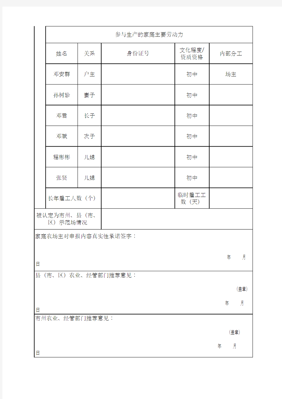 湖北省示范家庭农场申报(监测)表