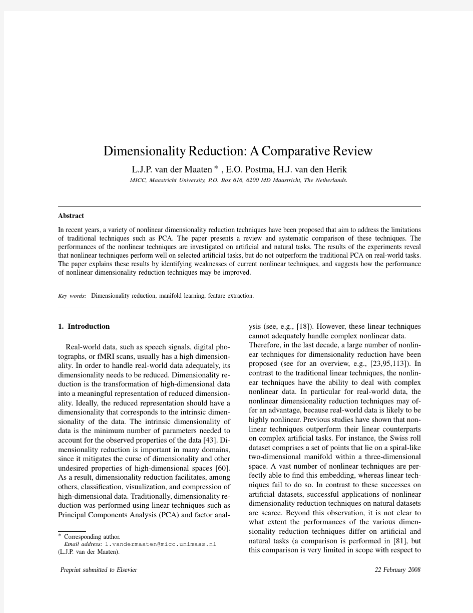(2008)Dimensionality reduction： A comparative review