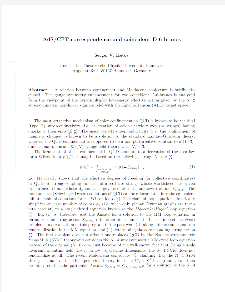 AdSCFT correspondence and coincident D-6-branes