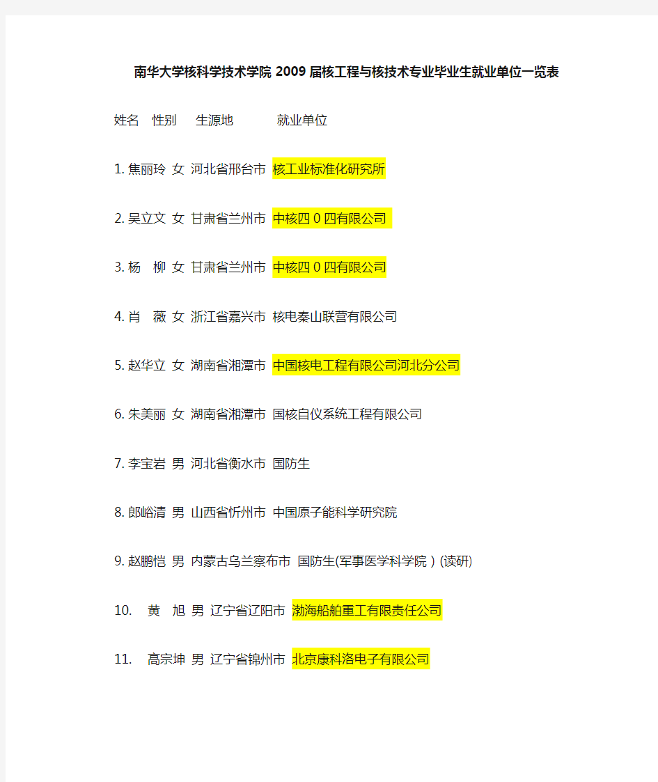 2009届南华大学核工程与核技术专业毕业生就业方向