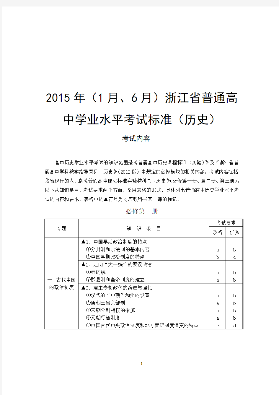2015年(1月、6月)浙江省普通高中学业水平考试标准-历史