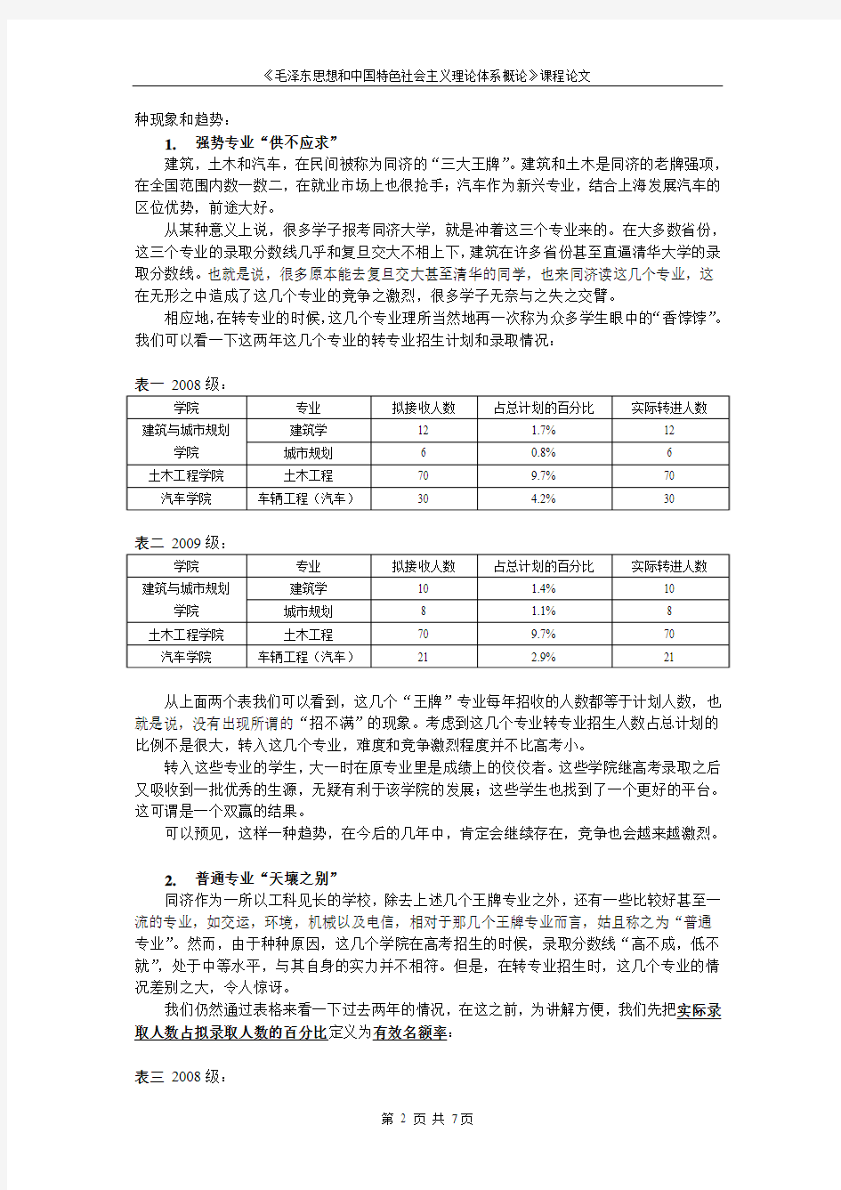 同济大学转专业制度的探究及建议 092239徐沈亮