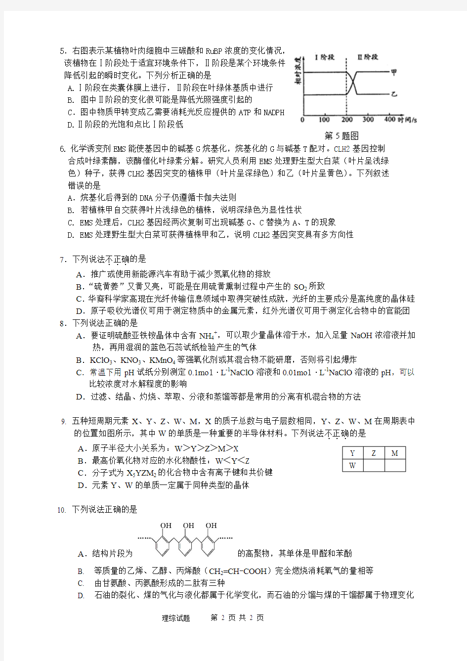 2015年高考适应性考试理综浦江中学